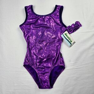 NWT Destira Adult Junior AJR Leotard Purple Foil Gymnastics Scrunchie Split Back